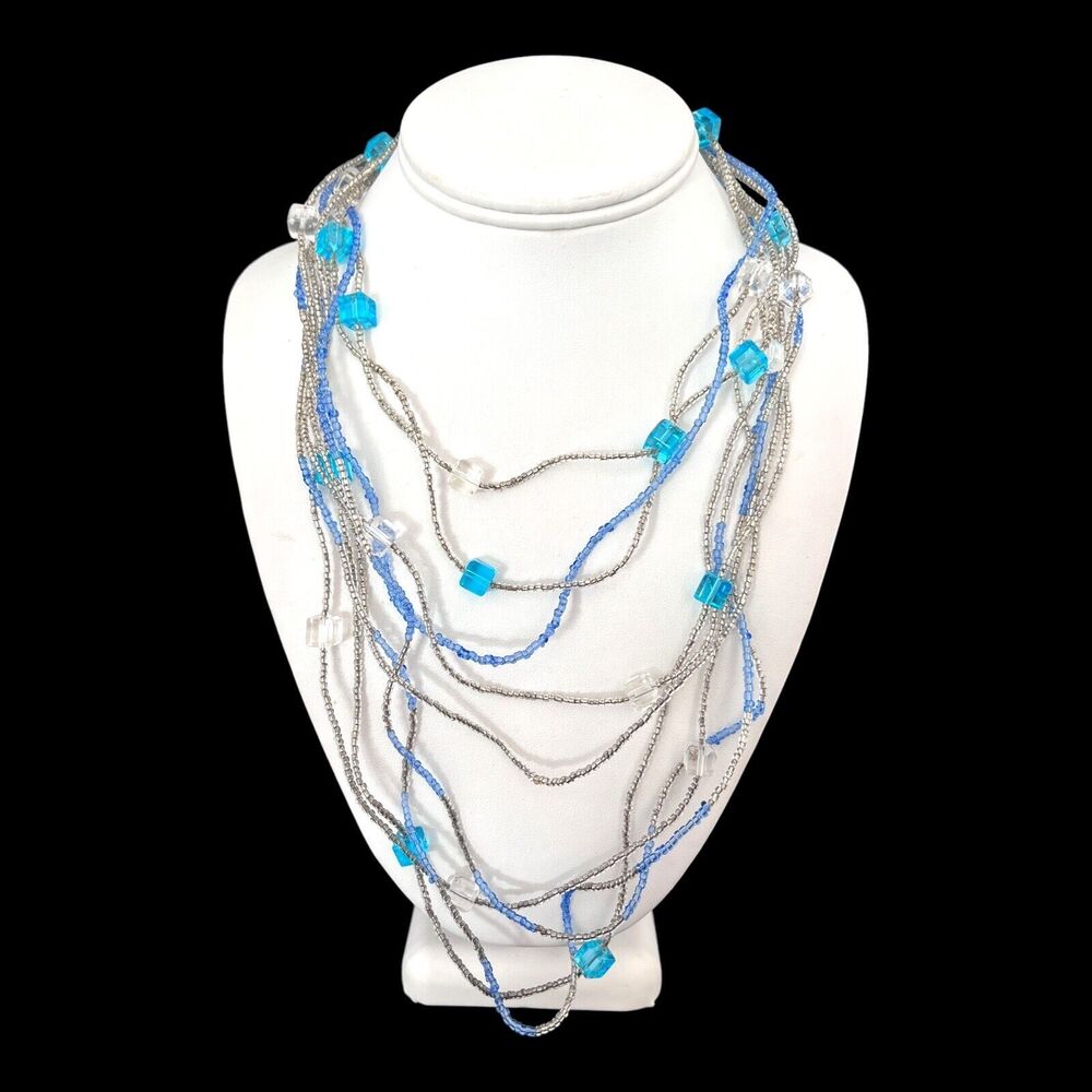 New Silver Tone Multi Strand Beaded Necklace Blue Clear Beads - 10T